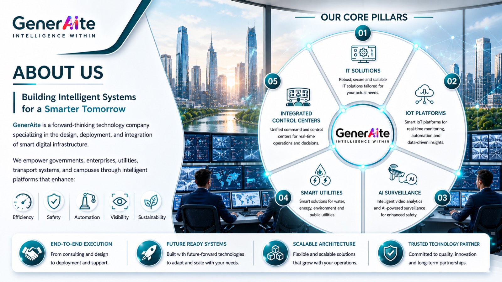 PPT slide showing GenerAite about us and core pillars